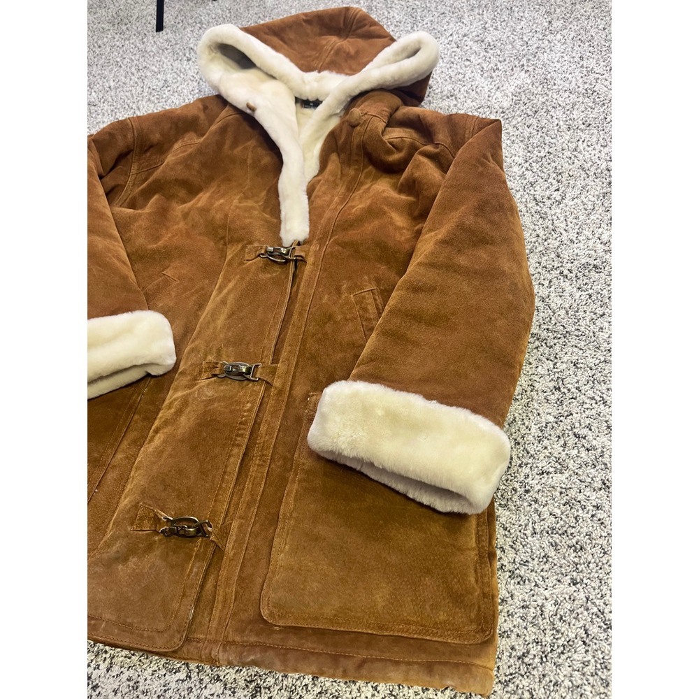 Suede Vintage Sherpa Lined Hooded Toggle Leather Coat Brown Womens Size M - Picture 3 of 14